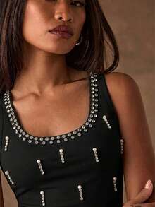 SHEIN BAE Top sin mangas de mujer con escote redondo y espalda de tirantes, con aplicaciones de strass negras - Básico elástico apto para todas las estaciones, de estilo callejero y elegante, perfecto para el trabajo, ir al trabajo, conciertos de verano, raves, festivales de música, actividades deportivas - Multicolor - Ver 4