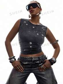 LYSMO Plus Size Casual Minimalist Y2K Style Washed Sleeveless Top - Dark Grey - View 6
