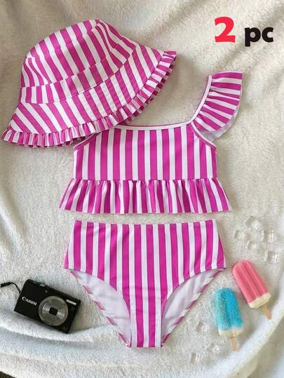 Travachic KIDS Travachic KIDS Tween Girl Cute Casual Striped Knit Swimwear Set, Suitable For Spring/Summer, Vacation, Beach Mother's Day Graduation Suitable For Spring & Summer Daily, Outing, Vacation, Holiday Wear, Stylish Girls, Casual Wear, New Style, Homecoming, Chill Vibe Outfits, Back To School, Girly Style T Shirt