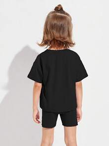 Young Girl Summer Casual Daily Commute Simple Solid Color Drop Shoulder Loose T-Shirt And Fitted Shorts Set - Black - View 2