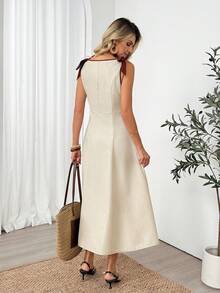 Easowa Đầm midi dáng chữ A cổ tròn, viền tương phản, thắt nơ ở eo, vạt xòe, thích hợp cho nữ công sở, đi nghỉ mát, mùa xuân hè. - Màu be - Xem 2