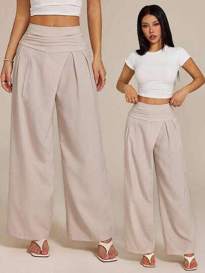 SHEIN PETITE Women's New Simple Elegant Green Mid-Waist Loose Straight Leg Linen Pants, Versatile For Daily Casual Wear, Commute, Fashion, Summer, Office, Beach Holiday,Teacher Outfits For Women, Fall Women Clothes, Back To School Clothes, Old Money Style Women, Office Outfits For Women