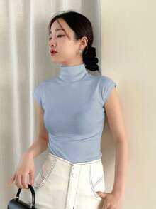 DAZY Women's Plain Color Stand Collar T-Shirt Summer - Blue - View 4