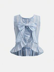 SHEIN Young Girl Casual Plaid Criss-Cross Top And Long Pants Set, Suitable For Daily Wear And Vacation - Blue - View 5