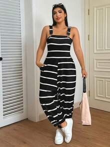 SHEIN EZwear Plus Size Black & White Ribbed Elastic Ribbed Bib Pants - Black - View 6
