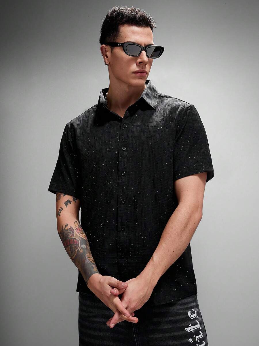 Zorclune 男士休闲翻领单排扣短袖衬衫,通勤和外出皆宜;男士水钻衬衫;男士闪亮衬衫;男士短袖衬衫;男士哥特衬衫;男士休闲黑色衬衫 - 黑色 - 查看 1
