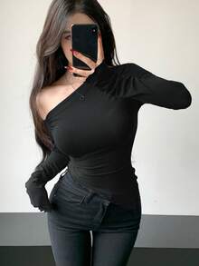 DAZY Women's Solid Color Asymmetrical Shoulder Ruched Slim Fit T-Shirt Long Sleeve Women Tops - Black - View 2