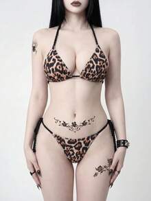 ROMWE Goth Bộ bikini hai mảnh kiểu yếm họa tiết da báo thanh lịch dành cho nữ, thích hợp cho kỳ nghỉ hè, tiệc tùng trên bãi biển, kiểu dáng mới. - Nhiều màu - Xem 4