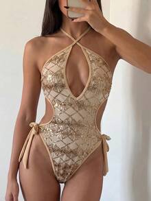 Costavie Bộ bikini liền thân gợi cảm đính sequin, kiểu cổ yếm, dành cho nữ, thích hợp cho mùa xuân/hè. - Vàng - Xem 3