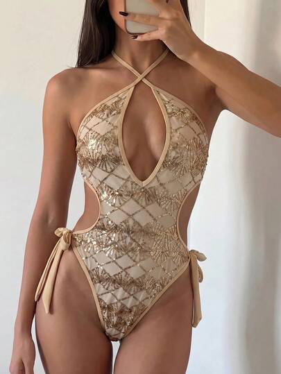 Costavie One-Piece Sequin Textured Halter Sexy Bikini Swimwear For Women, Spring/Summer