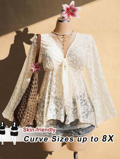 SHEIN CURVE+ Plus Size Women's Spring/Summer Beach Vacation Sheer Lace Knotted Bust Babydoll Cover Up Top