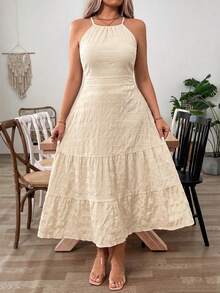 SHEIN Clasi Plus Size Women Solid Color Backless Halter Dress For Vacation - Apricot - View 6