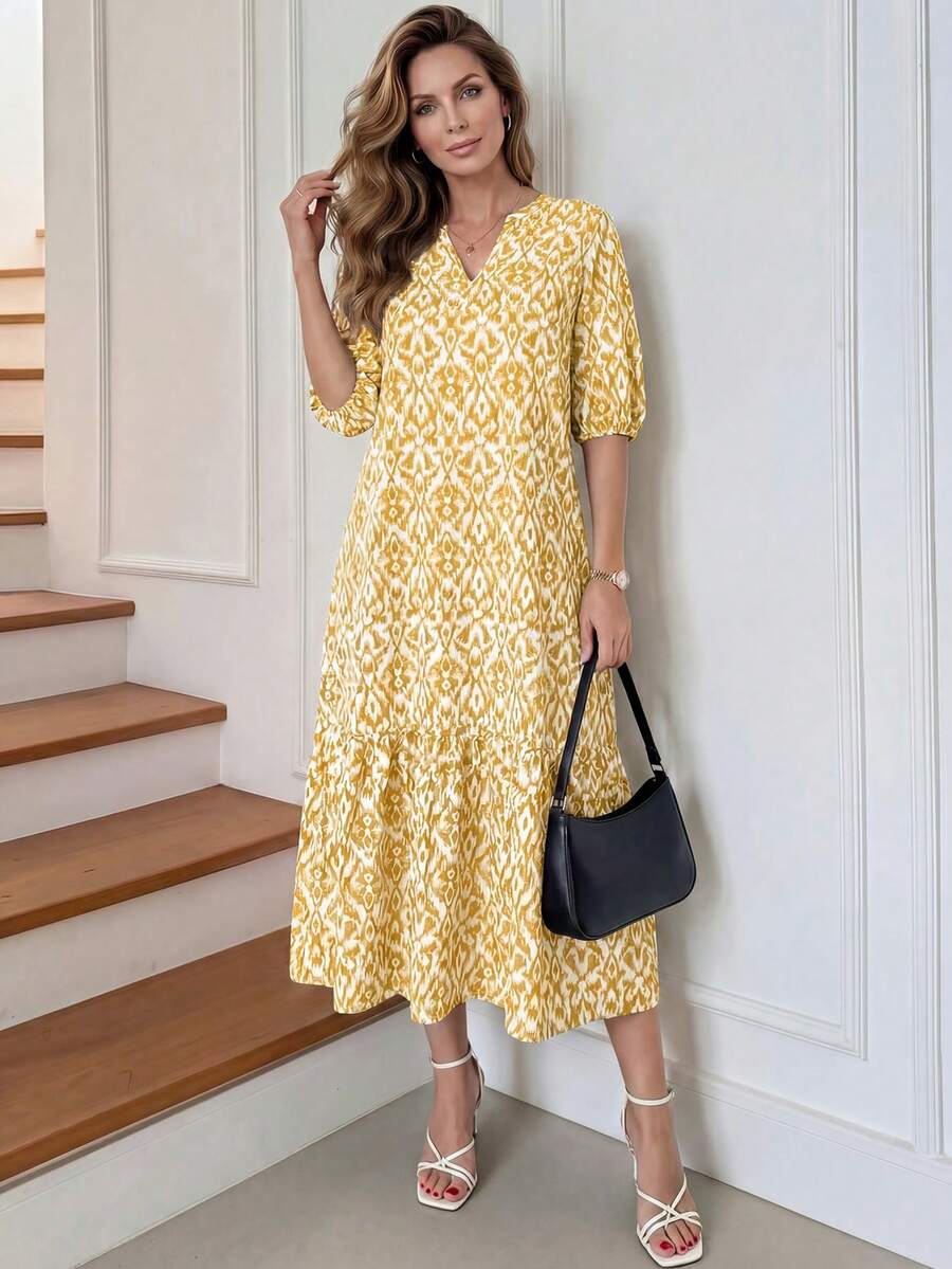 Miaspire Đầm nữ phong cách Bohemian, in họa tiết toàn thân, cổ chữ V, tay phồng, thích hợp cho kỳ nghỉ hè. - Màu vàng - Xem 1