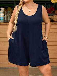 SHEIN CURVE+ Plus Size Women's Solid Color Round Neck Casual Loose Romper With Pockets, Summer - Navy Blue - View 8
