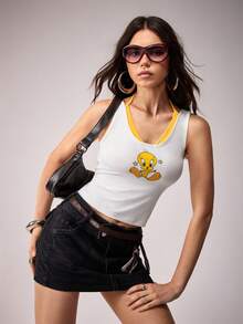 LOONEY TUNES X SHEIN Women's Cartoon Print Casual Basic Tank Top, Golf White - White - View 5