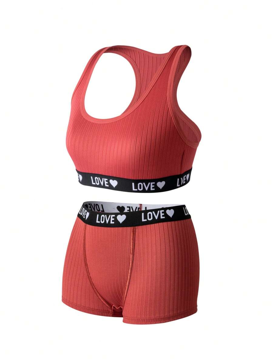 SHEIN 字母提花圓領女款內衣與短褲內衣套裝 - 玫瑰紅 - 查看 1