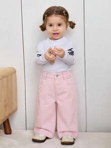 SHEIN Baby Girl Loose Fit Pockets Flare Leg Jeans - Pink - View 3