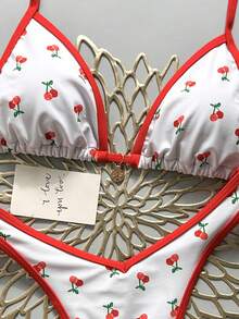 Swim MOD 2pcs/Set Random Floral Print Gold Disc Decor Halter Triangle Bikini Top And High Cut Thong Bottoms Sexy Swimwear Set, Spring/Summer - Multicolor - View 3