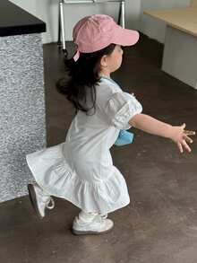 DAZY Vestido casual de manga corta con cuello redondo, estampado floral con volantes, estilo coreano para niñas pequeñas. Vestidos de sol para mujeres - Blanco - Ver 2