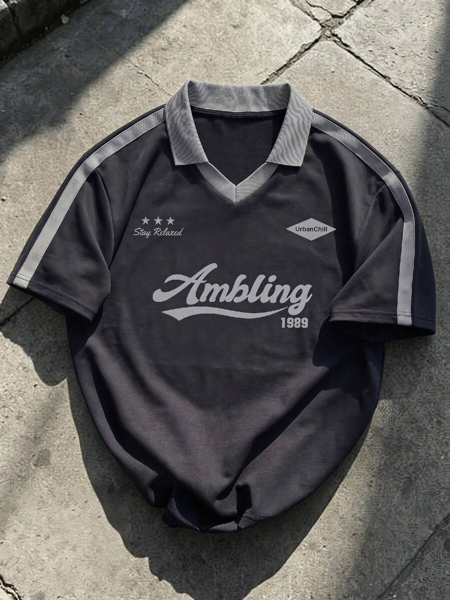 NORVETH 男士休闲日常字母图案短袖 Polo 衫,夏季 - 黑色 - 查看 1