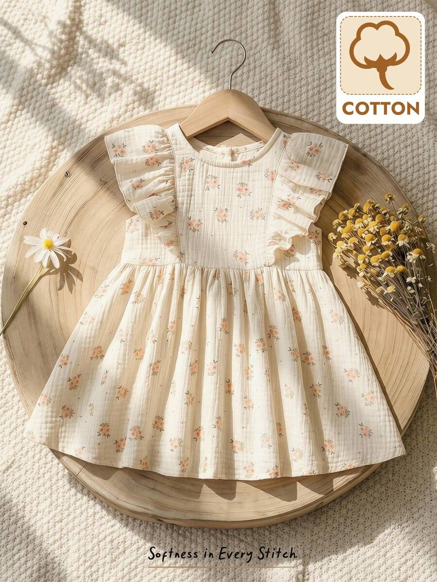 Cozy Pixies Vestido de niña con cuello redondo, cintura con volantes y estampado floral - Albaricoque - Ver 1