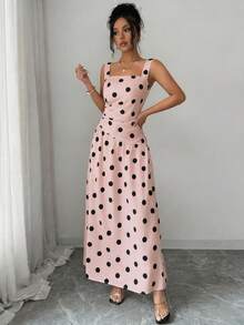 SHEIN Elenzya Đầm công sở thanh lịch kiểu Bohemian màu mơ chấm bi lớn, không tay, cổ chữ U xếp ly bất đối xứng, thích hợp cho phụ nữ đi nghỉ mát. - Hồng - Xem 5