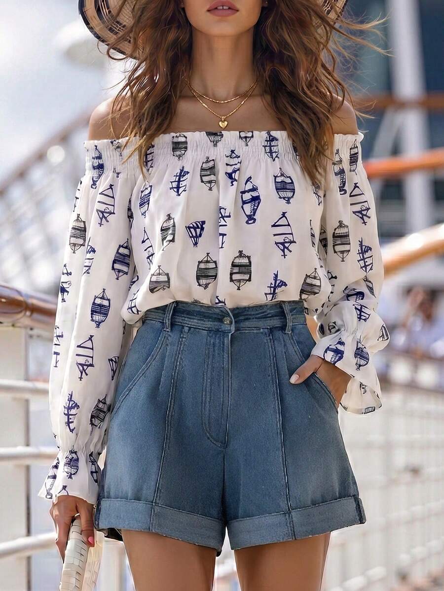 Balvessa 露肩法式复古优雅收腰航海风百搭女式衬衫，适合海滩度假 - 彩色 - 查看 1