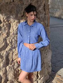 CasuGlow Pastal Linen Two Pieces Set – Button-Up Shirt And Pleated Mini Skirt Golf Summer Sexy - Blue - View 5