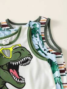 3pcs/Set Baby Boy White Summer Casual Cute Graphic Vacation Tank Tops,Dinosaur Pattern,Classic Striped,Street Style,Loose Comfortable,Versatile - Multicolor - View 5