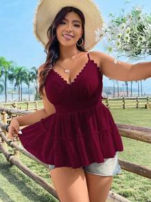 Flirla Plus Size Solid Color Spaghetti Strap V-Neck Summer Tank Top With Lace Trim - Burgundy - View 3