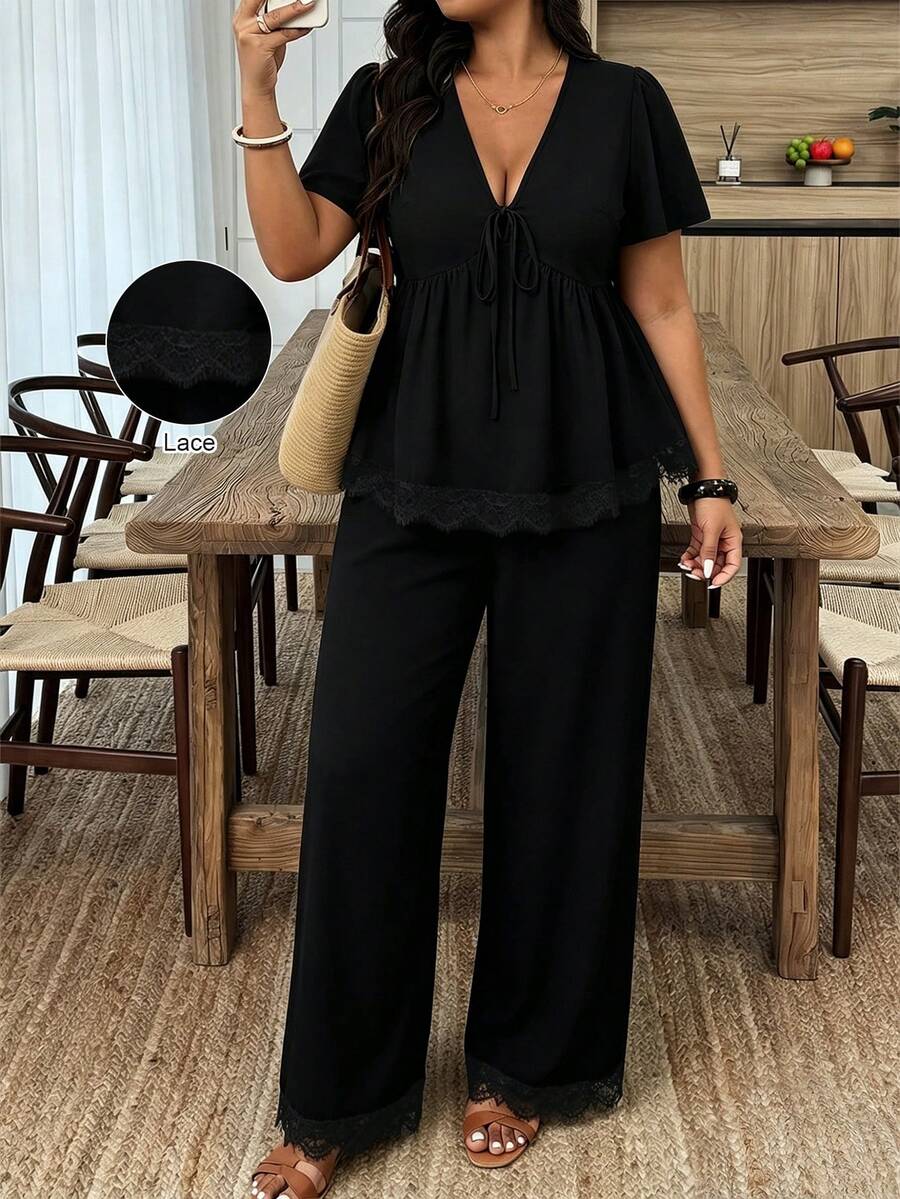 Weeklong Plus Size Women Solid V-Neck Ruched Short Sleeve Top And Pants Casual Suit - Black - View 1