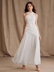 Anewsta Nuevo vestido maxi elegante de moda para vacaciones/invitada de boda con hombros descubiertos, estampado de lunares y cuello halter para mujer - Blanco - Ver 8