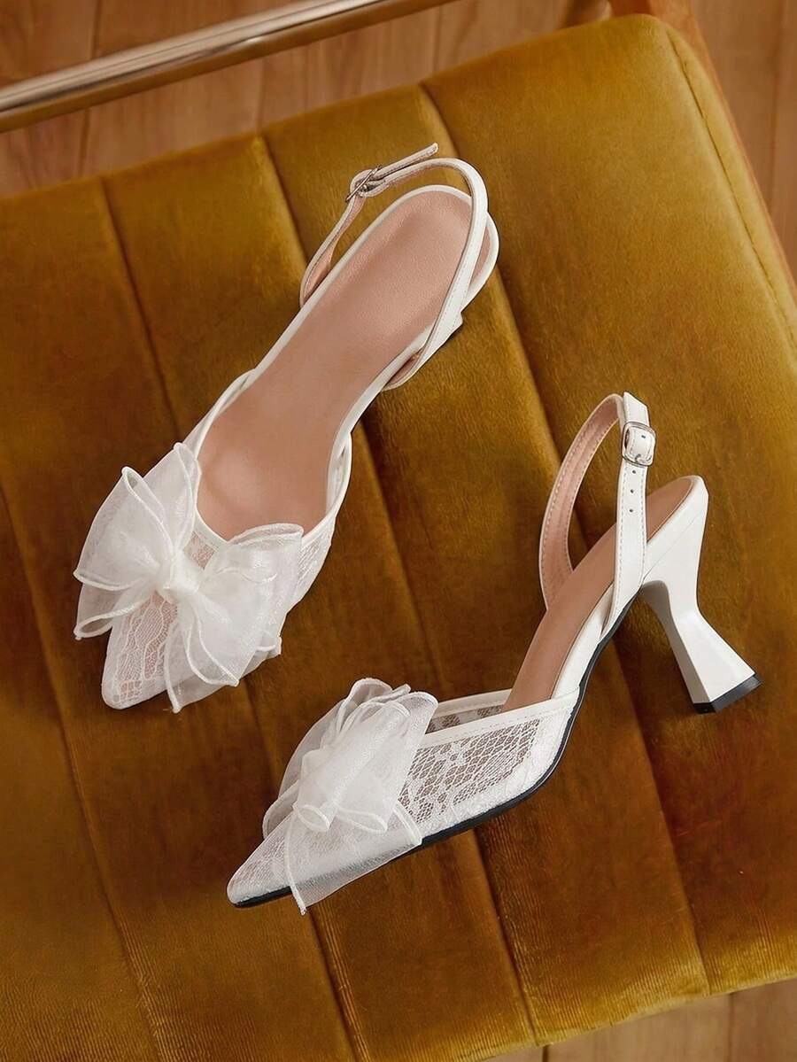 Eladyva Giày cao gót đen thắt nơ cho đám cưới, giày cô dâu thoải mái, cao cấp, giày phù dâu ren thắt nơ, giày dạ hội trắng mũi nhọn gót nhọn, giày Valentine, giày gót thấp, thanh lịch, giày cao gót nữ, trang phục dự tiệc. - trắng - Xem 1