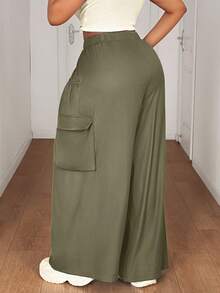 Maweii Plus Size Women Waist Tie Loose Wide Leg Cargo Pants - Army Green - View 2