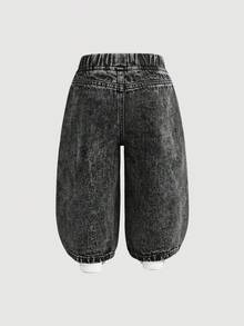SHEIN Quần jean denim dáng rộng, họa tiết rằn ri bạc màu, túi hộp, phong cách đường phố cho bé trai, thích hợp cho mùa thu/đông. - màu đen - Xem 2