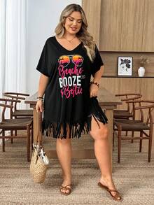SHEIN CURVE+ 大码女式曲线尺码 US22 音乐节、海滨度假、波西米亚风 V 领印花宽松沙滩罩衫，适合夏季海滩度假 - 黑色 - 查看 8