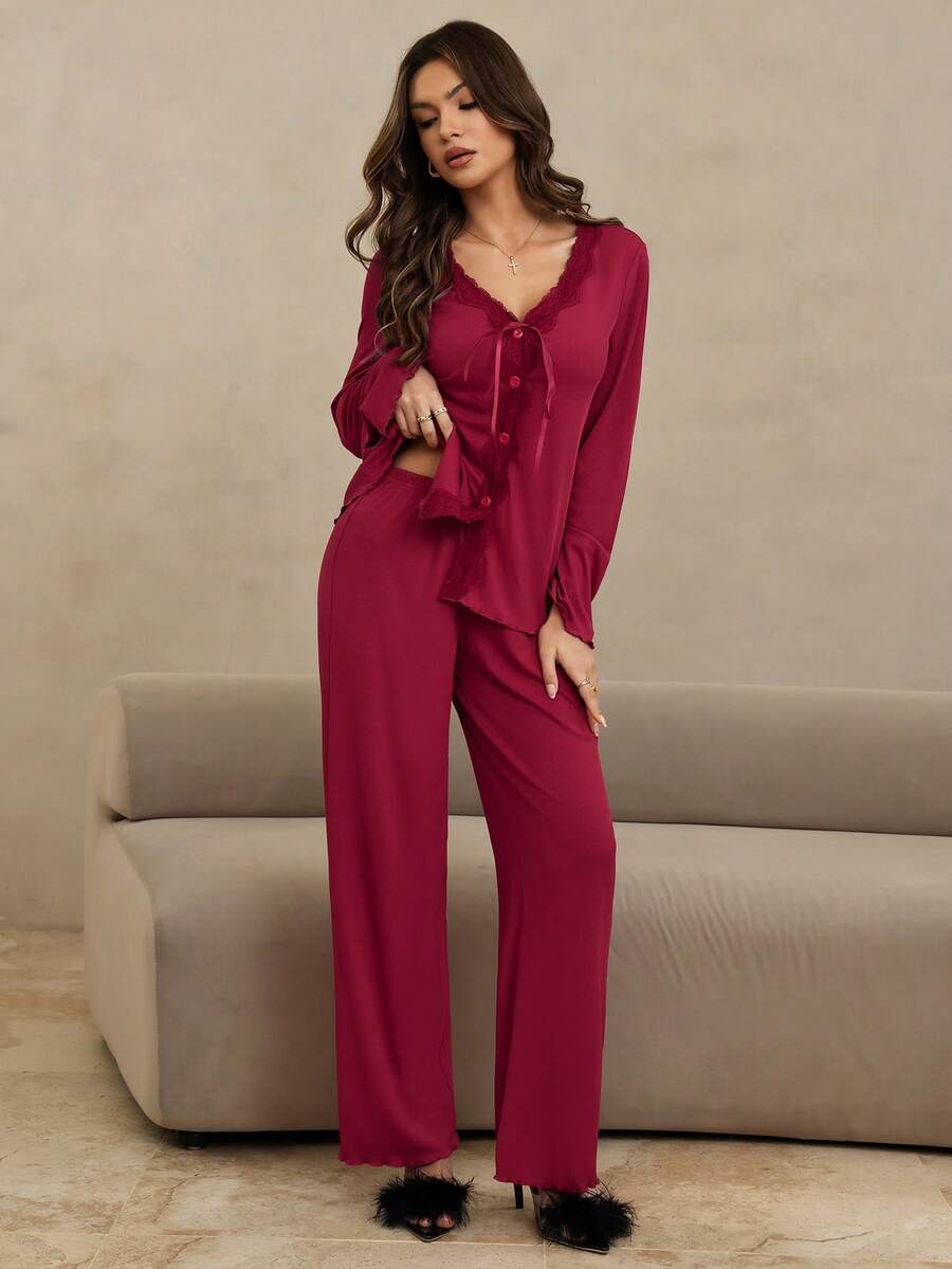 HautHeat Women's Lace Patchwork Tie-Up Single-Breasted Long Sleeve Top And Pants Casual Loungewear Set - Burgundy - View 1