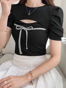 FRIFUL Áo thun nữ ngắn ôm dáng cổ tròn gân rãnh, tay phồng hở, họa tiết kẻ caro, thắt nơ trước, phong cách ngọt ngào cho mùa hè - màu đen - Xem 4