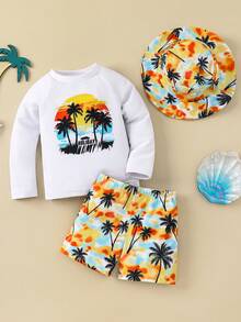SHEIN Baby/Baby Boy Colorblock Cute Orange Palm Tree Print Long Sleeve Rash Guard & Shorts Swimsuit, Suitable For Beach, Vacation, Surfing, Baby Swimwear - Multicolor - View 2