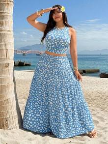 SHEIN EZwear 大码女式夏季雏菊印花修身露脐背心和迷你裙两件套 - 彩色 - 查看 5