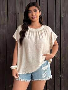 Enliva Plus Size Simple Loose Fit Round Neck Short Sleeve Top, For Apple And Rounded Body Shape - Apricot - View 6