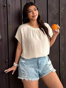 Enliva Plus Size Simple Loose Fit Round Neck Short Sleeve Top, For Apple And Rounded Body Shape - Apricot - View 7