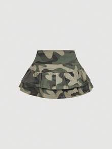 Sweetra 女士休闲迷彩印花迷你牛仔裙，夏季 - 軍綠色 - 查看 2