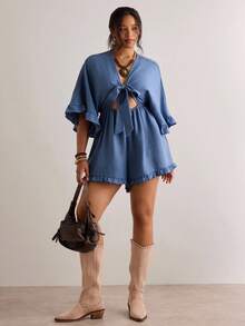Freevana Plus Size Holiday Solid Color Batwing Sleeve, Ruffle Hem, Tie Waist Jumpsuit - Blue - View 7