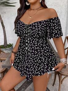 SHEIN VCAY Plus Size Women Elegant Floral Print Sexy Off-Shoulder T-Shirt - Multicolor - View 4