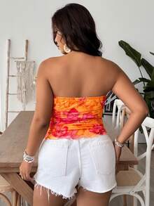 SHEIN VCAY Plus Size Pink Floral Knitted Mesh Printed Tight Fitting Tube Top For Women, Boho Tropical Business Casual Sexy Chic Summer Vacation Holiday, Elegant - Orange - View 2