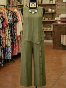 EMERY ROSE Conjunto de 2 piezas de top de tirantes y pantalones de unicolor informal de talla grande - Verde Oliva - Ver 3