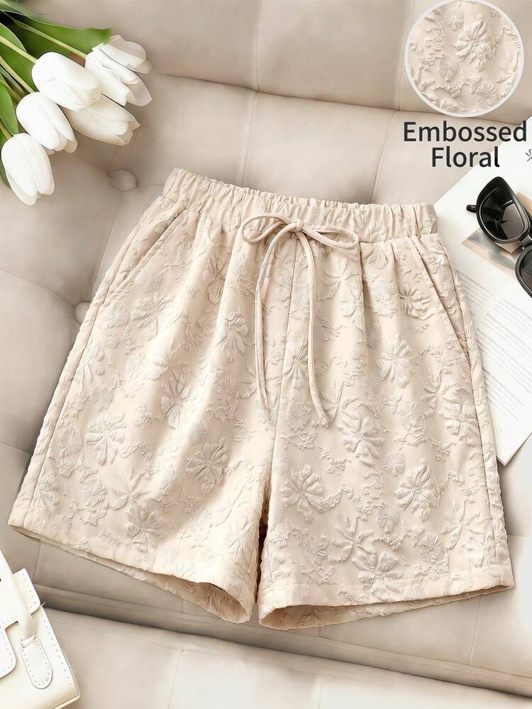 Middle-Aged & Elderly Women Jacquard Waist Tie Pocket Shorts, Summer Shorts,Shorts For Going Out ,Elegant Shorts For Women,Vacation Shorts,Mother's Outfits,Summer Outfits,Festival Shorts,Casual Shorts For Women
