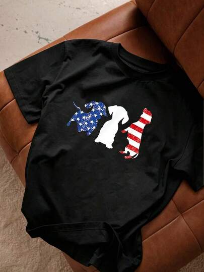 Resyla Dachshund Theme - 2026 Summer Collection: Unisex Short-Sleeve Printed Plus Size T-Shirt - American Patriotic Theme / Independence Day Commemorative Edition