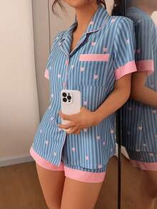 Napfluff 女士条纹爱心印花 Polo 领短袖短裤睡衣套装 - 霧霾藍 - 查看 7